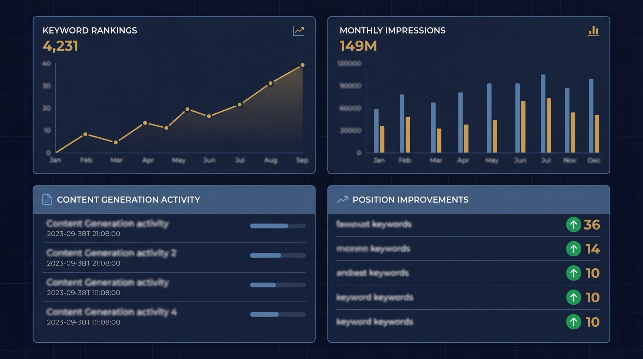 WebsiteOS intelligence dashboard showing SEO metrics, keyword rankings, and content generation activity